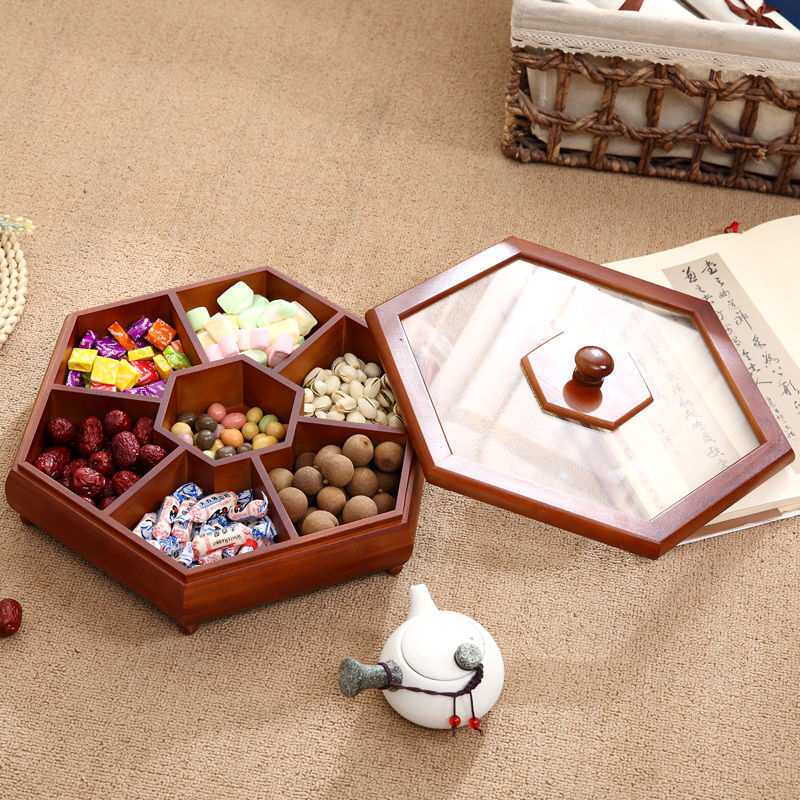 中式糖果盒木质客厅坚果盒家庭分格带盖糖果收纳盒干果盘坚果盘子