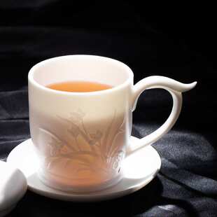 羊脂玉陶瓷功夫泡茶杯办公室茶水分离杯会议室带盖过滤办公杯带把