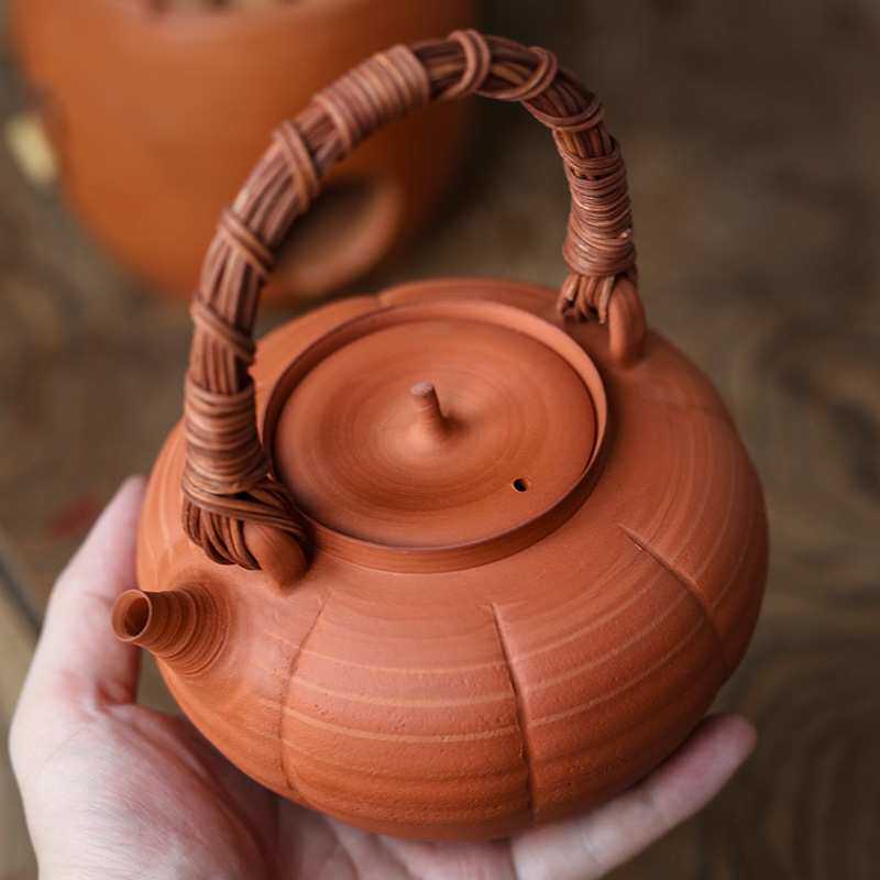 潮汕工夫茶单丛 提梁薄胎砂铫 藤编把手烧水壶炭炉茶炉潮州红泥壶