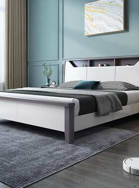 白色实木床现代简约1.8米双人床1.5m主卧家用经济型储物高箱婚床