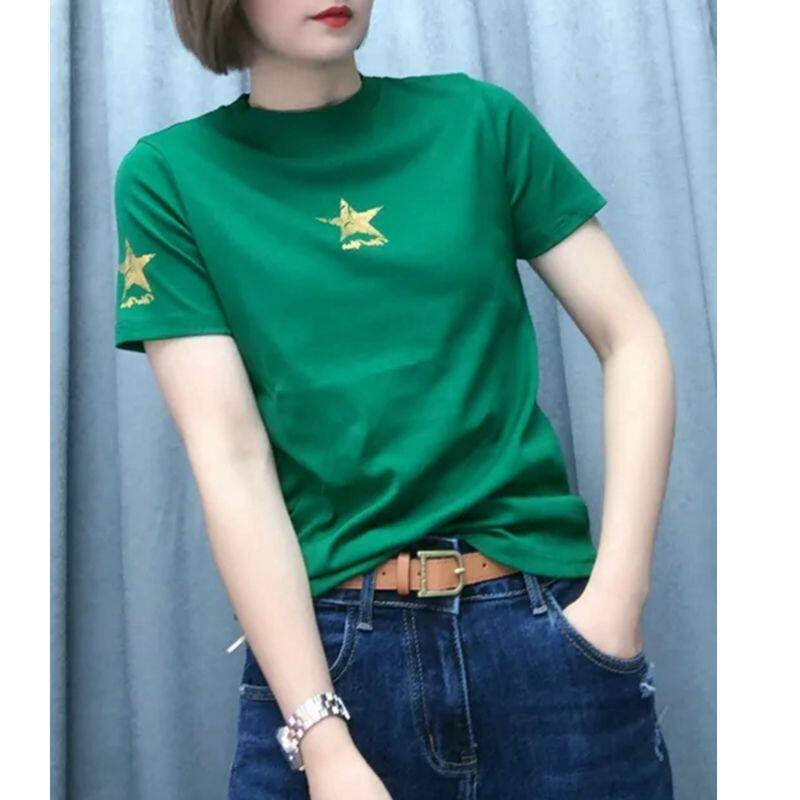 半高领t恤女夏新款网红同款五角星短袖打底衫女修身百搭上衣小衫t