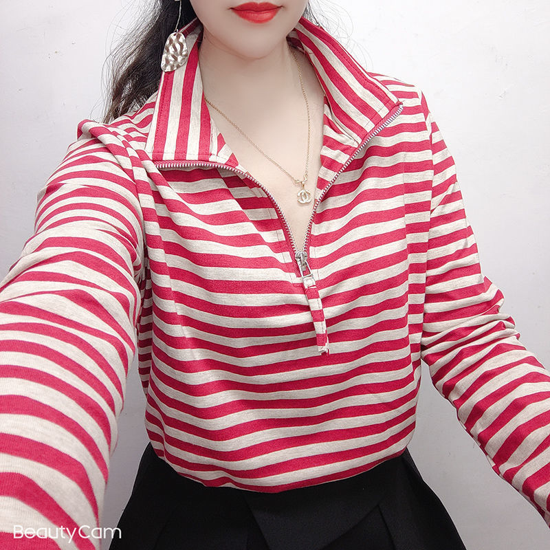 春季短袖t桖女新款2022网红爆款立领拉链韩版洋气打底衫宽松显瘦