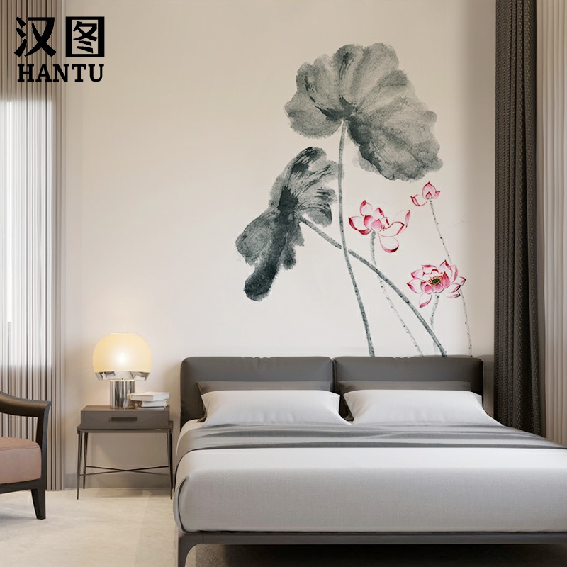新中式素色水墨j荷花墙纸墙布客厅沙发电视背景墙壁纸卧室床头壁