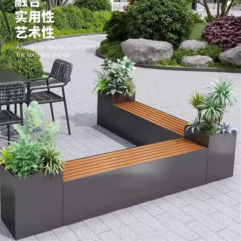户外不锈钢花箱坐凳组合公u园商业街广场商场成品塑木座椅花槽花