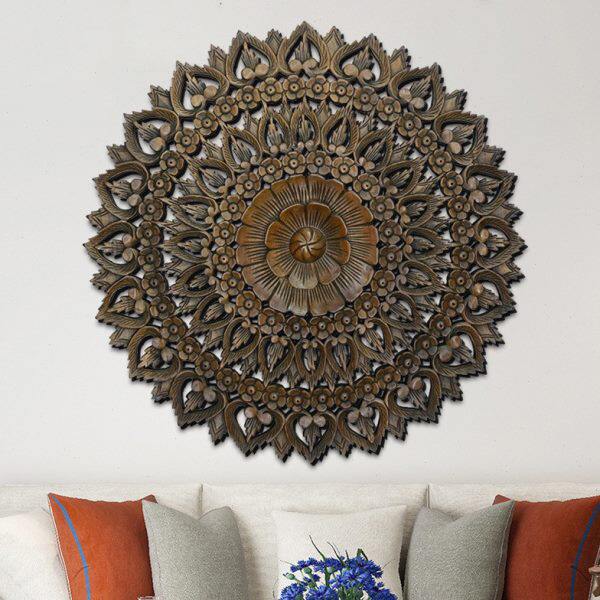 挂件客厅墙上装饰品新中式 柚木雕花板墙壁挂东南亚圆形墙饰壁饰