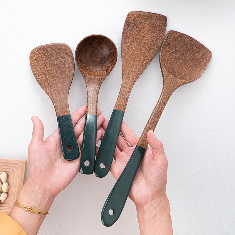 创意木质墨d绿手柄鸡翅木锅铲汤勺家用炒菜木铲不粘锅铲长柄铲勺