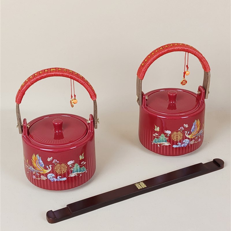 红鸾比翼双飞子孙桶结婚t娘家陪嫁嫁妆宝桶摆件一对红色喜桶彩盒
