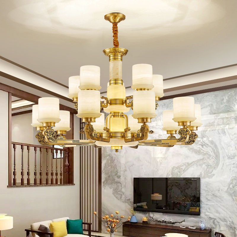 新款新中式全铜玉石吊灯中国风客厅灯高档大N气别墅大厅主灯餐厅