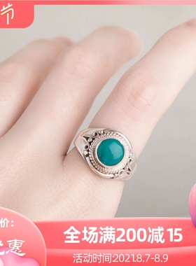 印度尼泊尔手工925银饰品绿松石戒指女 男开口个性V创意复古民族