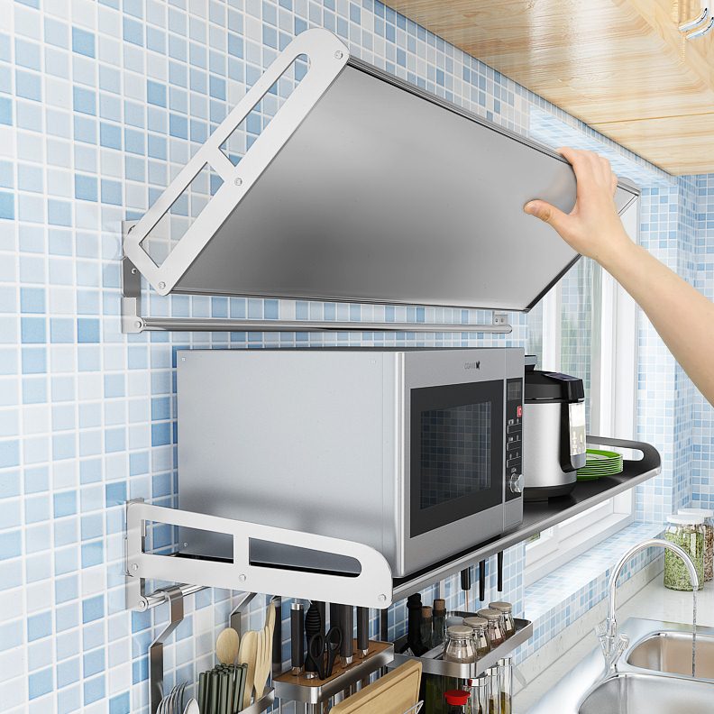 可上翻折叠厨房微波炉置物架壁挂304不锈钢电饭锅调料收纳架子