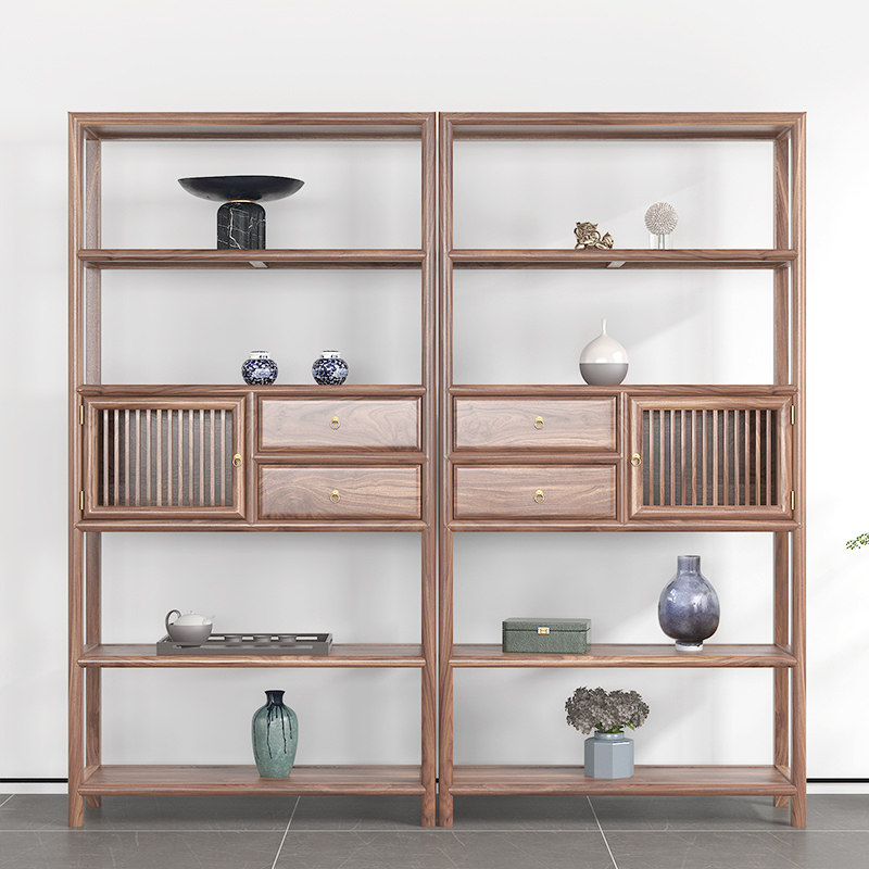 原木新中式实木书柜书架黑胡桃木博古架展示柜简约茶室柜置物柜