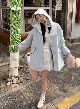 韩版中长款风衣外套2025春女设计感宽松单排扣蕾丝拼接上衣178805