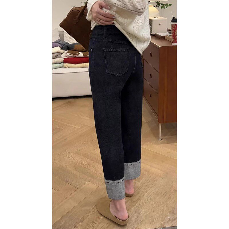 黑色九分牛仔裤女大码胖妹妹mm秋季新款高腰修身显瘦弹力直筒裤子