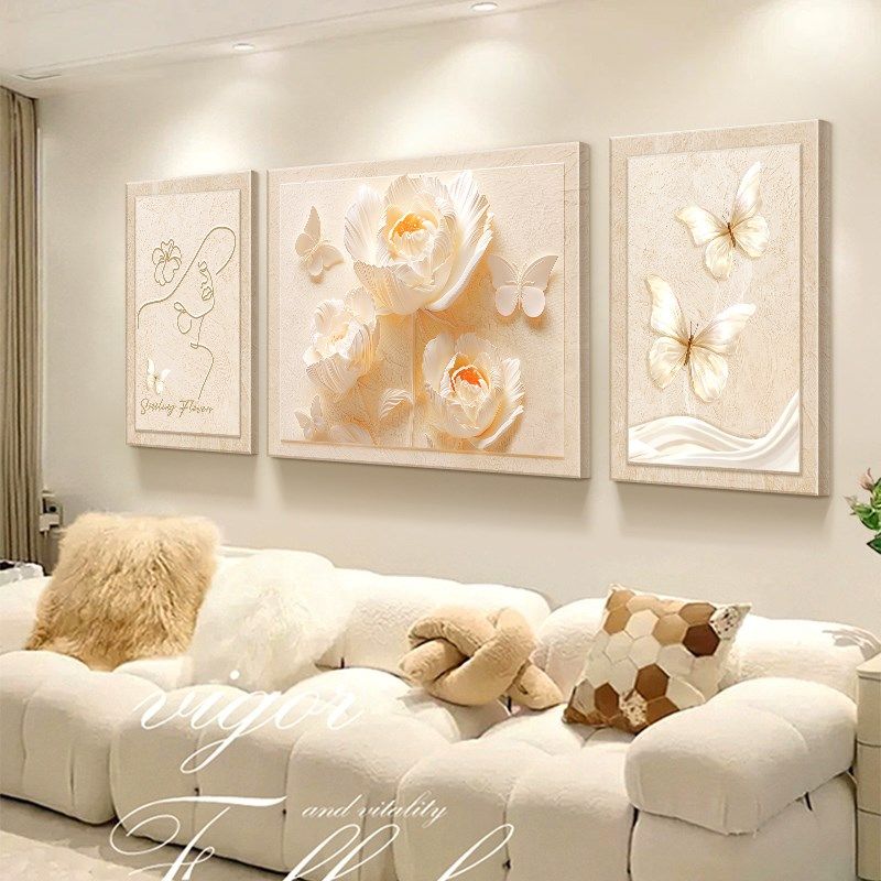 奶油风富贵牡丹装饰画高级立体感花卉客厅三联画沙发背景墙壁挂画,家居饰品,现代装饰画,淘宝优惠券,粉丝福利购,淘宝优惠卷