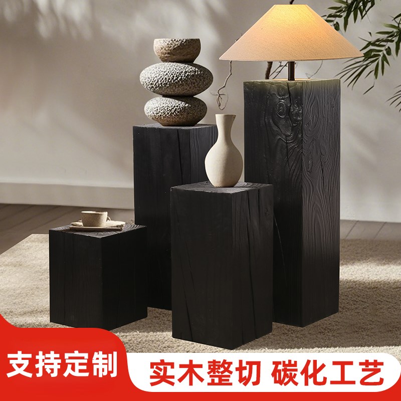 侘寂风方形碳化木墩子民宿创意复古E木桩花架边几原木盆景架展示