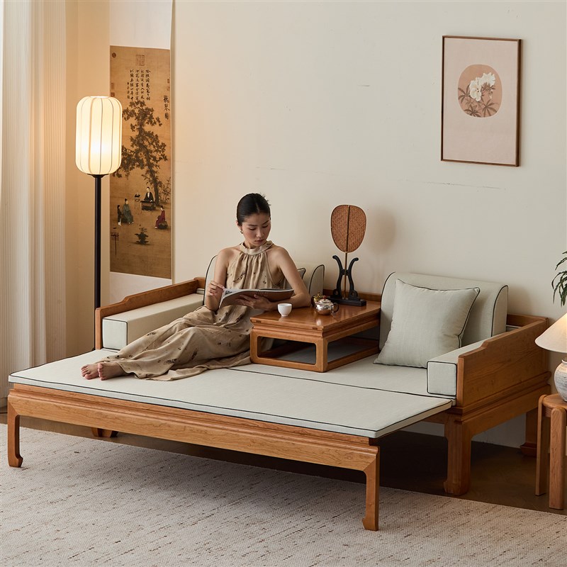 新中式罗汉床全实木m推拉可伸缩小户型客厅沙发床两用樱桃木贵妃