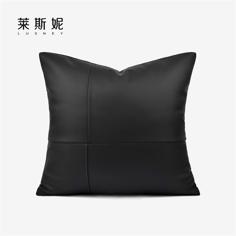 简约轻奢黑色皮革拼接抱枕套高级感沙发靠垫样P板间美容院卧室靠