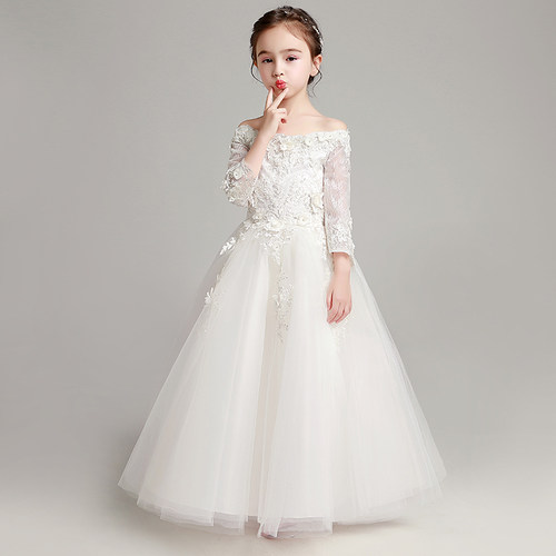 女童礼服公主裙小花童婚纱白色蓬蓬纱儿童钢琴演出服主持人晚礼服