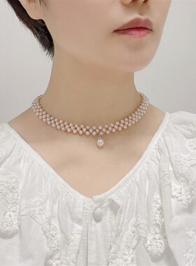 甲状腺术后遮挡疤痕正品近圆天然淡水珍珠锁骨颈链女式短款项链女