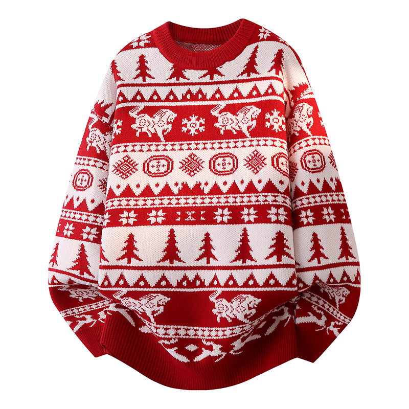 红色本命年毛衣男秋冬款加厚圆领打底针织衫内搭宽松2026马年衣服