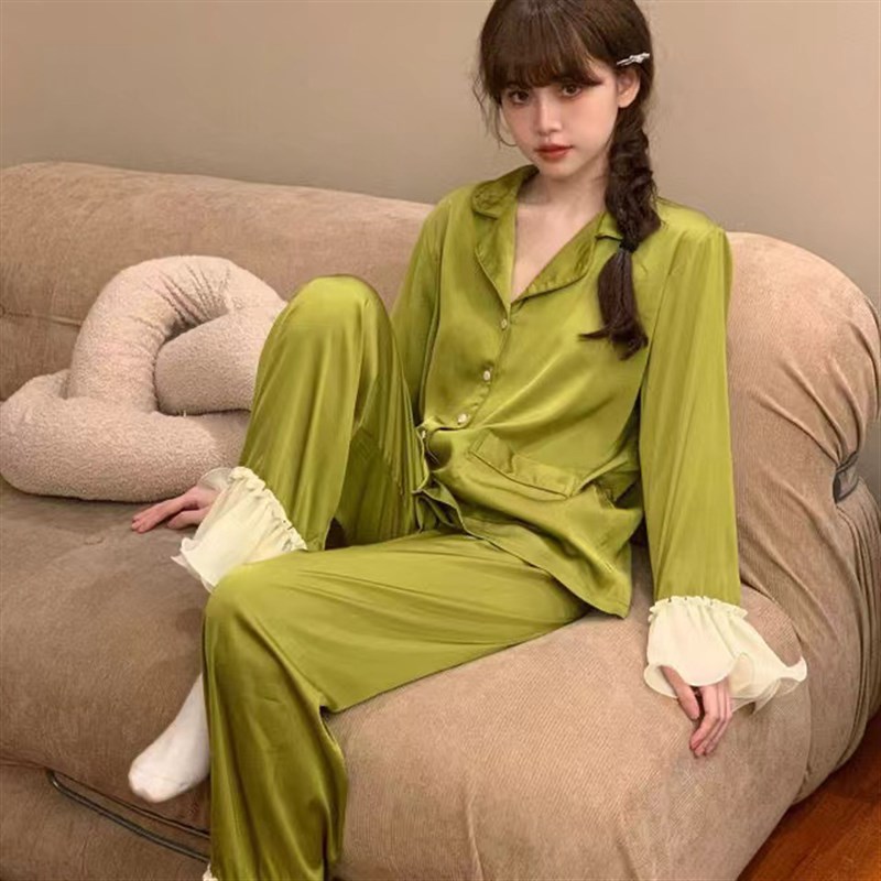 水光绸法式甜美睡衣女春秋长袖夏季薄款冰丝家居服套装木耳边纯色图片