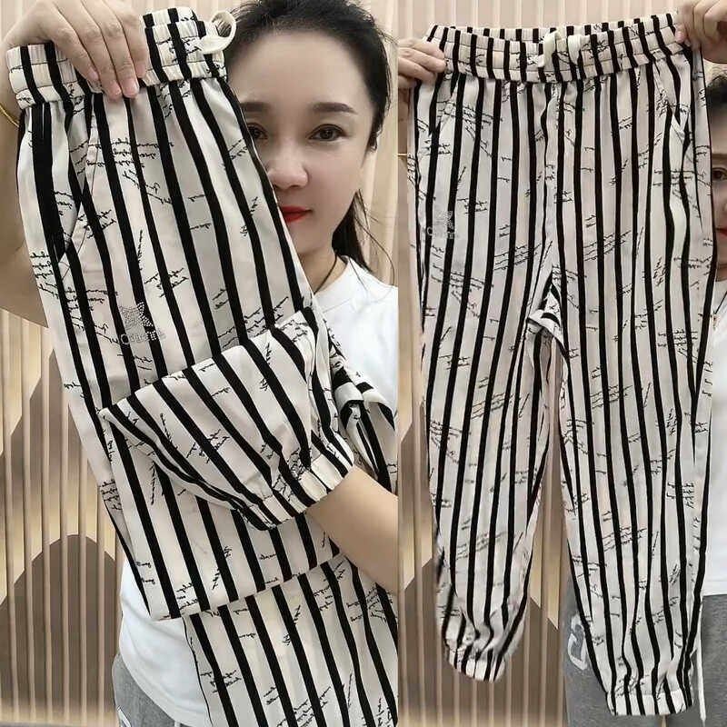 冰丝竖条纹雪纺哈伦裤女休闲2025夏季新款高腰宽松显瘦九分沙滩裤,女装/女士精品,休闲裤,淘宝优惠券,粉丝福利购,淘宝优惠卷