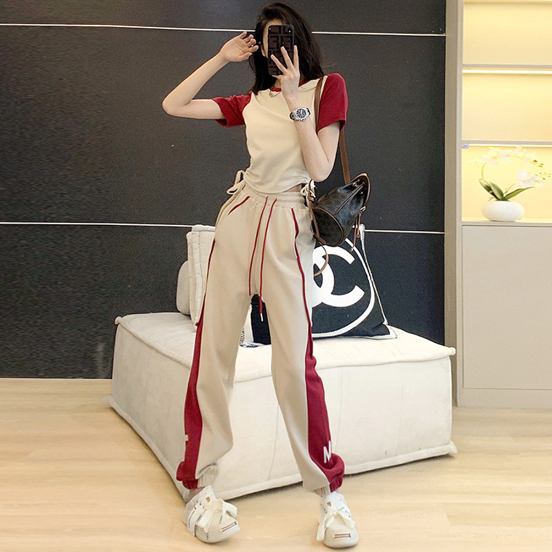 韩系休闲运动服套装女夏装2025新款洋气港风潮流炸街哈伦裤两件套,女装/女士精品,休闲运动套装,淘宝优惠券,粉丝福利购,淘宝优惠卷