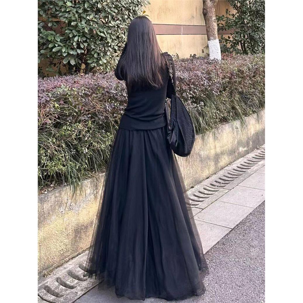 黑色网纱a字裙半身裙仙女