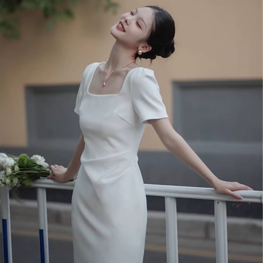 法式赫本风白色连衣裙女
