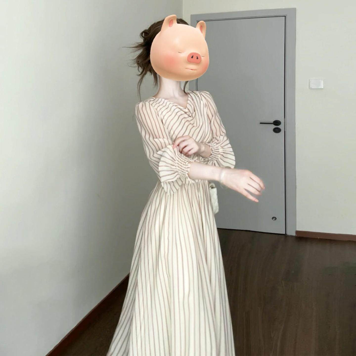 法式垂折领条纹长袖洋装