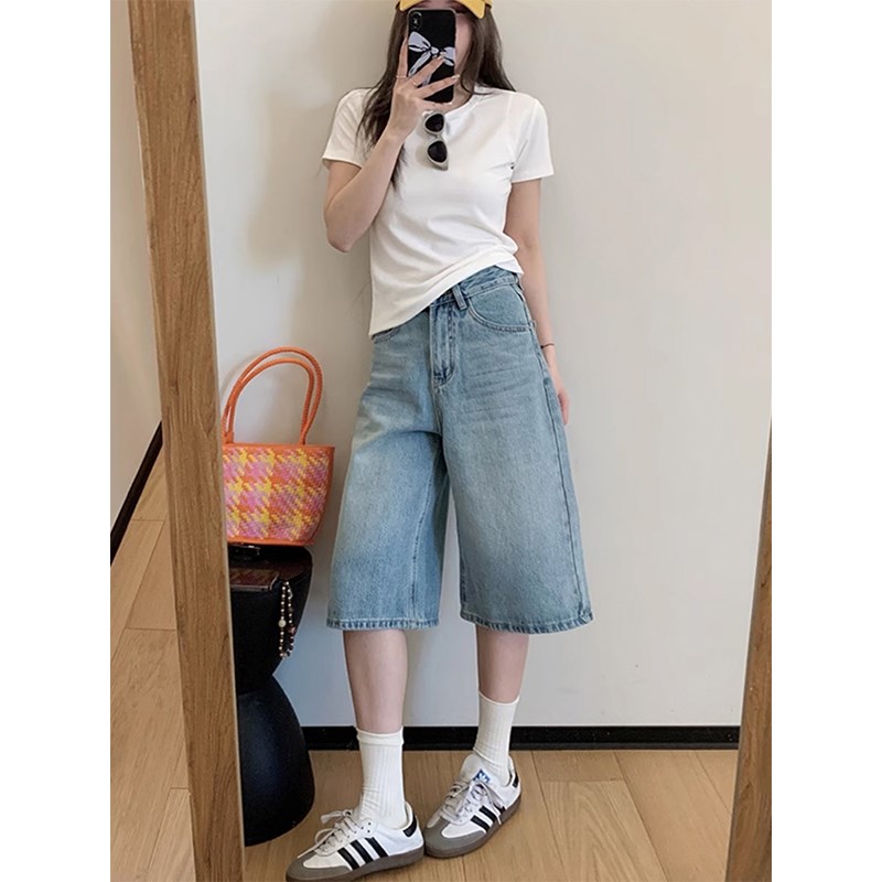 复古水洗宽松百搭阔腿牛仔短裤女2025夏季新款高腰显瘦中裤七分裤