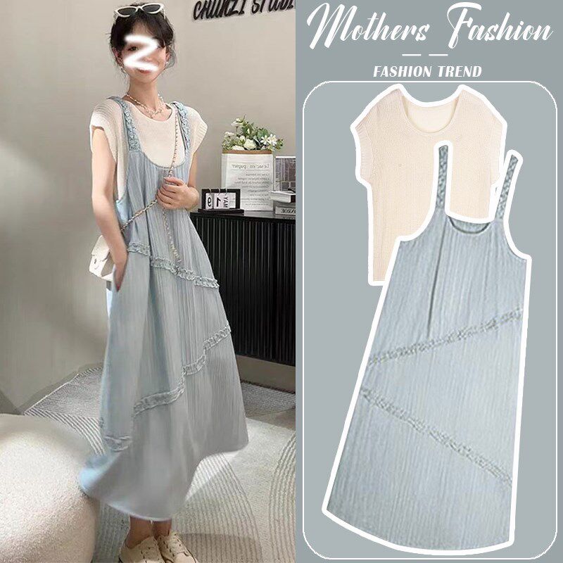 孕妇连衣裙套装2025新款夏季时尚洋气时髦宽松上衣背带裙两件套女