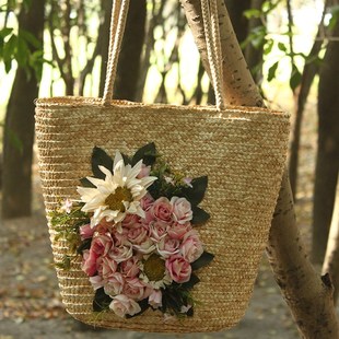 女包夏季 花朵手工度假草编包编织包单肩包草包海边沙滩大容量包包