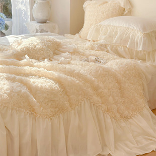 春意浪漫曲法式公主全棉长绒棉玫瑰四件套纯棉浪漫花边被套床单