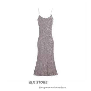 纯欲风少女亮片流光银夜店聚会吊带连衣裙女轻奢修身礼服裙生日裙