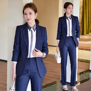 条纹西装外套女秋冬季通勤主持人正装工作服气质酒店经理职业套装