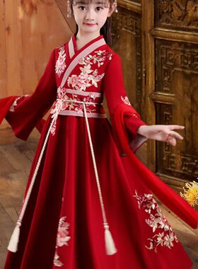 女童汉服礼服新款春秋中国风唐装儿童古装襦裙超仙红色长袖连衣裙