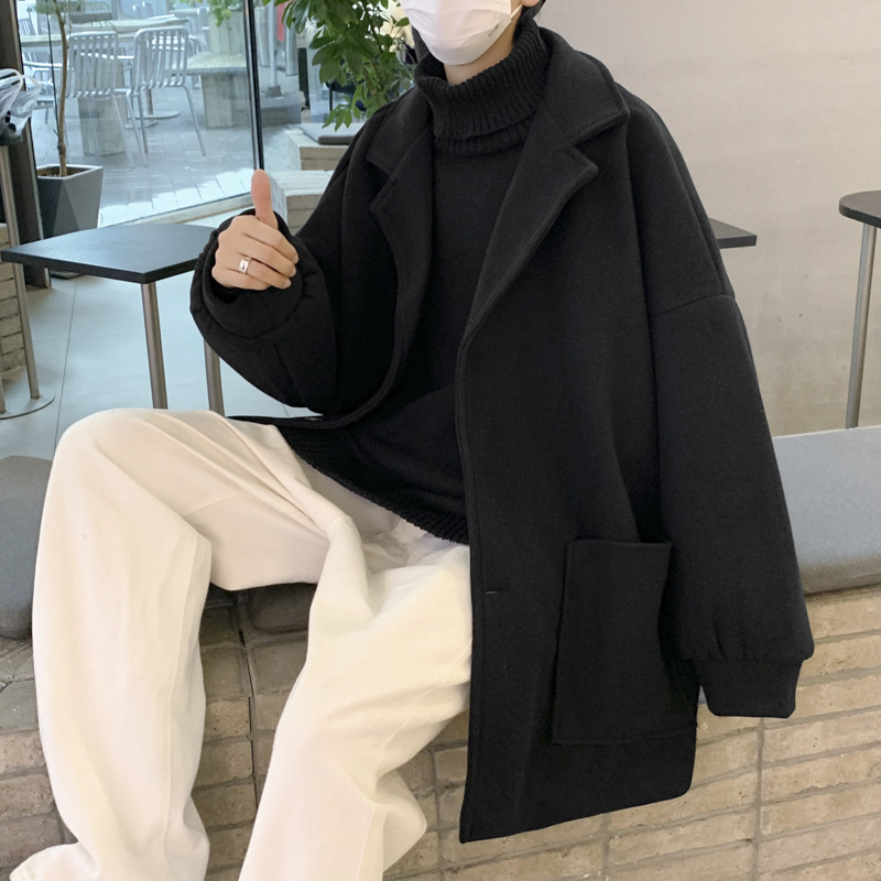 2023春秋季英伦风工装毛呢外套男士韩版潮流bf百搭中长款呢子风衣