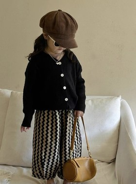 韩版女童2024春秋黑色针织开衫儿童毛衣外套女宝波浪纹休闲裤子潮