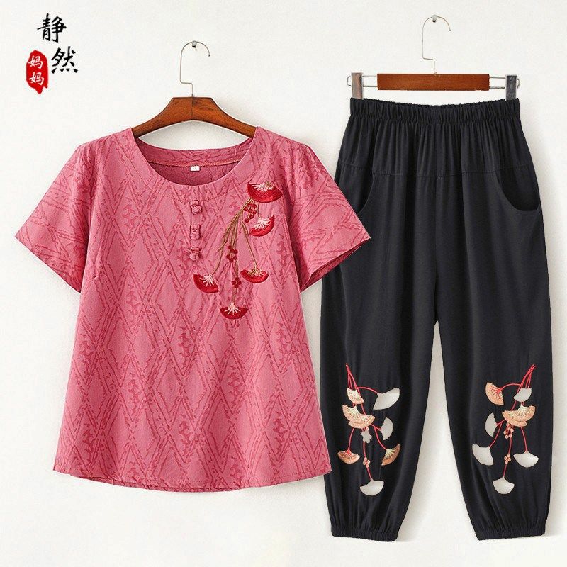 时尚中年妈妈春装套装绣花短袖棉麻T恤长裤两件套洋气中老年女装,女装/女士精品,中老年女装,淘宝优惠券,粉丝福利购,淘宝优惠卷