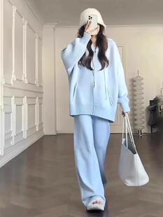 特大码胖mm300斤奶系穿搭时尚针织毛衣开衫套装女秋冬搭配一整套2