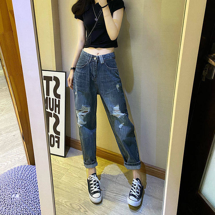 欧货高腰破洞牛仔裤女九分春夏款宽松哈伦老爹裤矮个子小脚萝卜裤