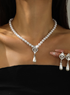 欧美时尚新珍珠项链首饰套装镶钻玫瑰花镂空吊坠珍珠流苏新娘套链