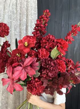 红色系仿真花婚庆婚礼堂花材假花家居装饰玄关摆件仿真玫瑰假花