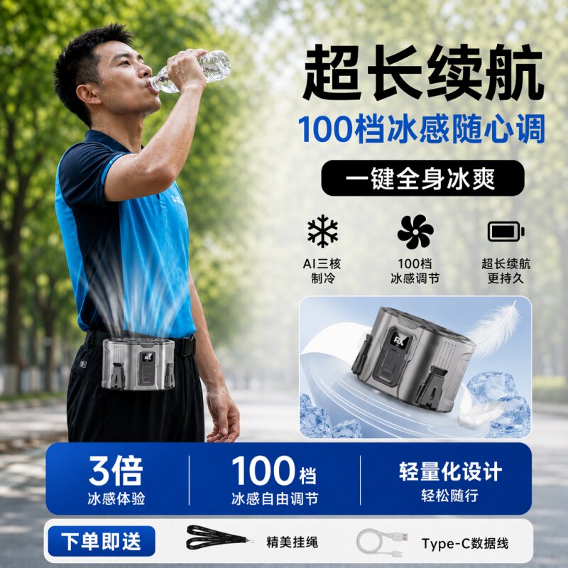 外卖出行降温挂腰风扇 2026 长效续航大风量腰间可夹持骑手露天跑单挂脖两用夏日户外骑行消暑散热装备 - 实物图