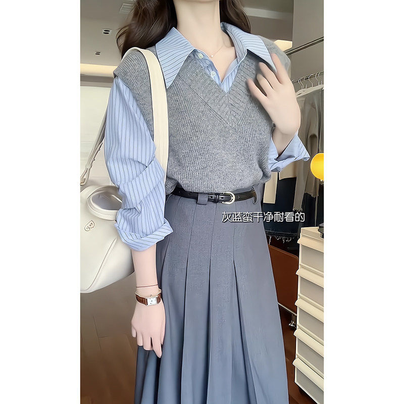 灰色V领针织马甲女秋季秋