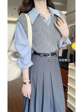 灰色V领针织马甲女秋季秋