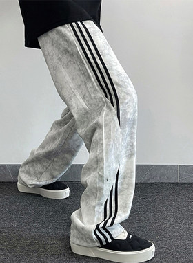 灰色美式扎染条纹裤子男款秋冬斜切直筒弯刀卫裤垂坠感休闲运动裤