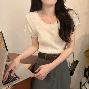 2025夏季韩系氛围感白色圆领正肩短袖t恤女冰丝针织衫高级感上衣