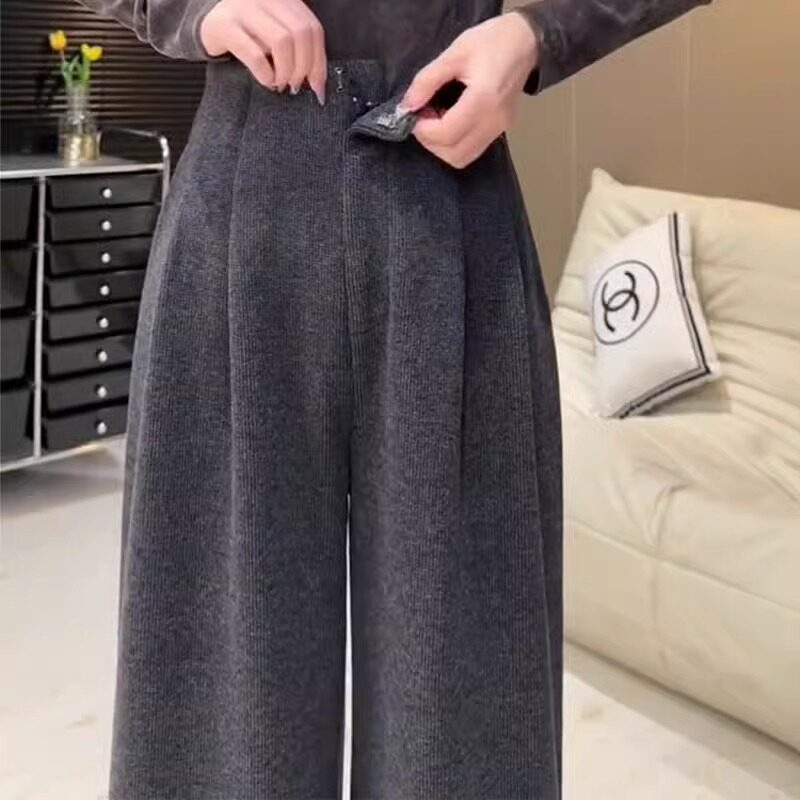 灰色针织阔腿裤女秋冬加